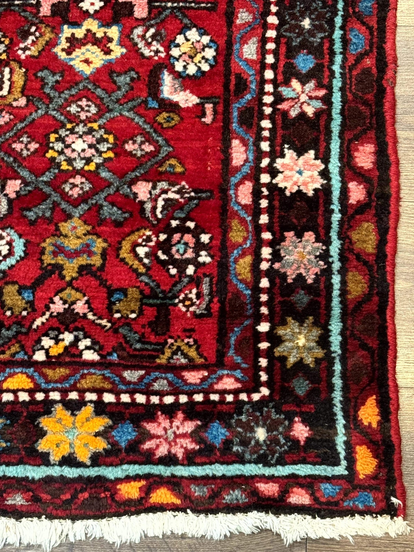 Red Persian Rug Hamadan 4x7 Vintage Wool Village Carpet With Floral Geometric Border