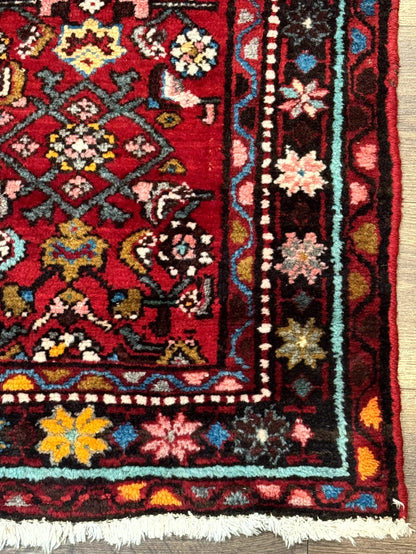 Red Persian Rug Hamadan 4x7 Vintage Wool Village Carpet With Floral Geometric Border