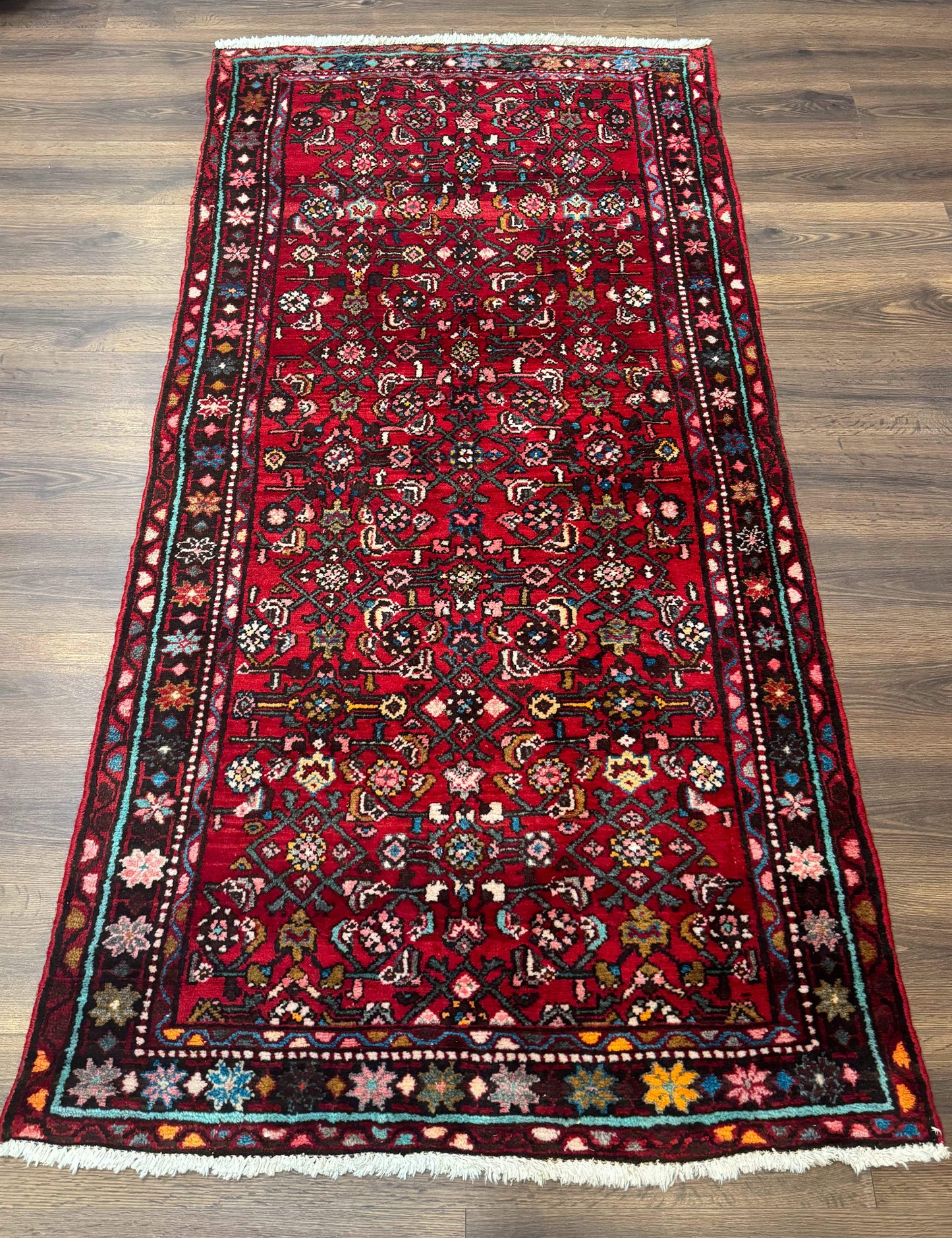 Red Persian Rug Hamadan 4x7 Vintage Wool Village Carpet With Floral Geometric Border