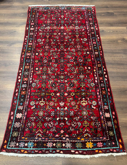 Red Persian Rug Hamadan 4x7 Vintage Wool Village Carpet With Floral Geometric Border