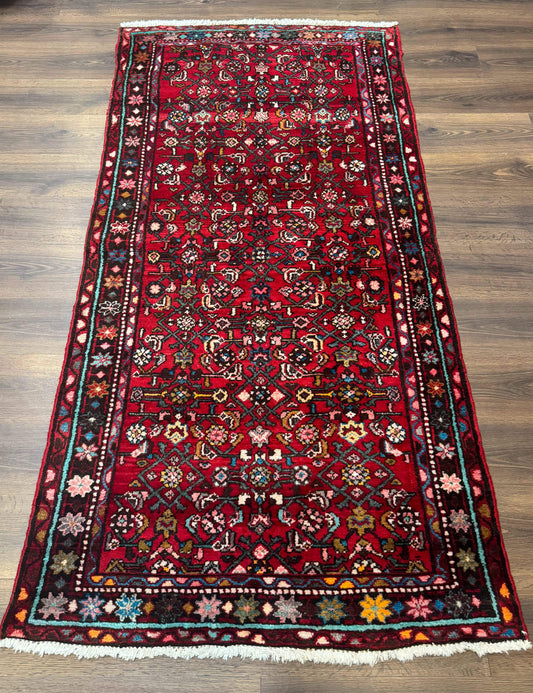 Red Persian Rug Hamadan 4x7 Vintage Wool Village Carpet With Floral Geometric Border