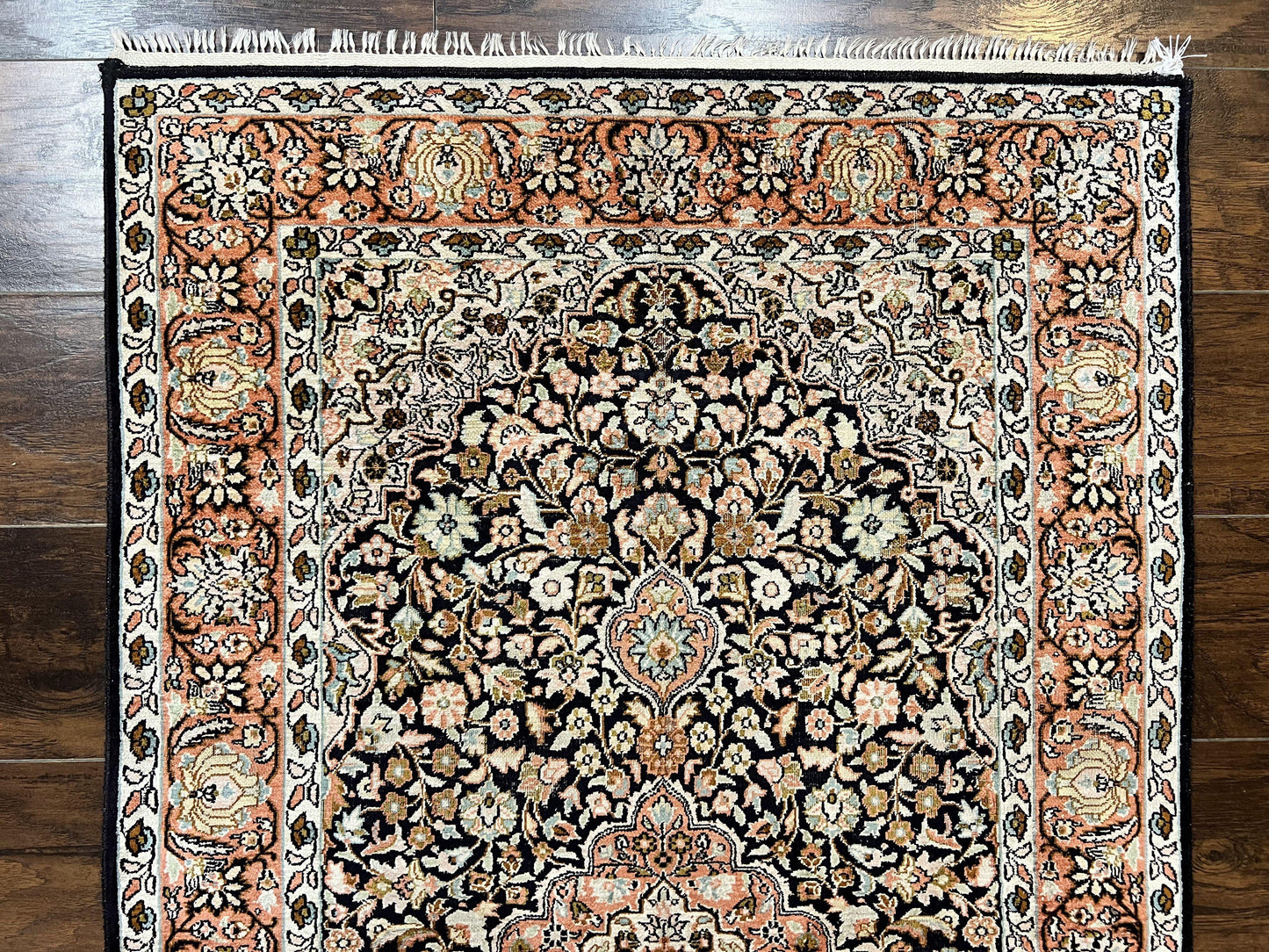 Kashmiri Silk Rug 3x5 Navy Blue Handmade Floral Medallion Indo Persian Silk