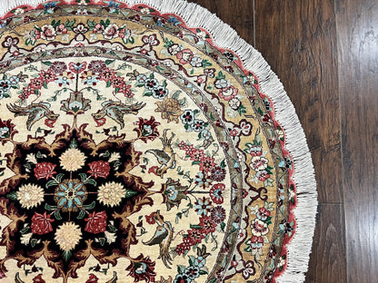 Silk Persian Tabriz Round Rug 3x3 Ft Hand Knotted Carpet Cream Gold Floral Birds