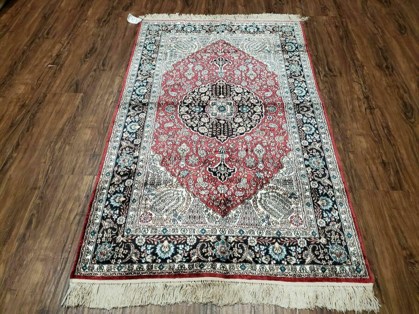 Vintage Kashmir Silk Rug 3x5 Handmade In India Qum Design 400 KPSI