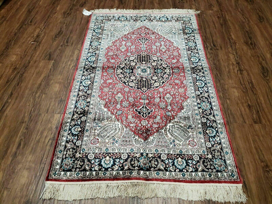 Vintage Kashmir Silk Rug 3x5 Handmade In India Qum Design 400 KPSI