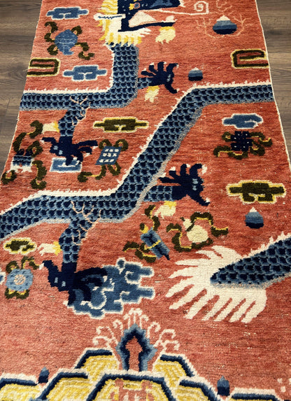 Ningxia Pillar Rug Hand Knotted Wool Carpet Five Clawed Dragon Border Late Qing Dynasty 3x8 Collectible