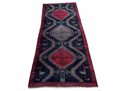 Handmade Wool Tribal Runner Rug 3X7 Geometric Boho Red Blue Organic Dyes