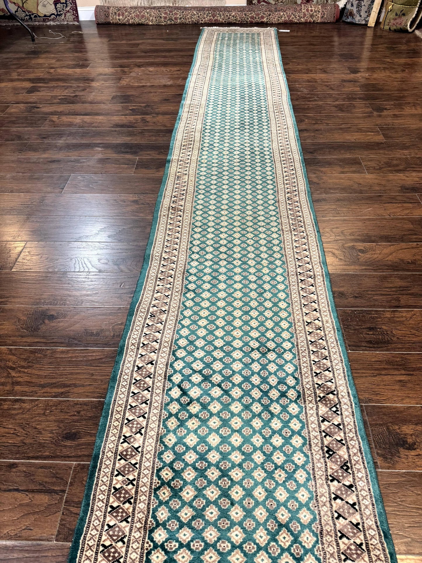 Pakistani Runner Rug 2.8 X 20 Hand Knotted Vintage Wool Turkoman Teal Tan