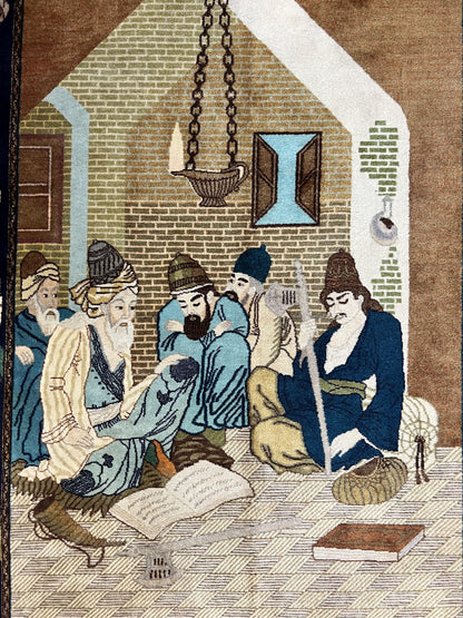 Persian Tabriz Pictorial Rug 3x5 Hand Knotted Wool Wall Hanging Vintage Semi Antique