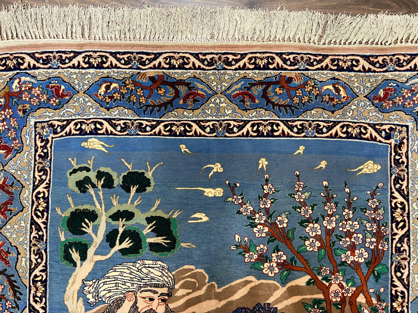 Isfahan Pictorial Rug Fine Persian Hand Knotted Blue Silk Foundation 3.7 x 5 Semi Antique