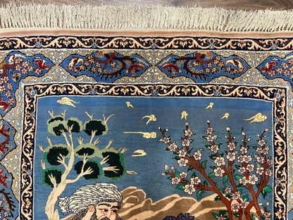 Isfahan Pictorial Rug Fine Persian Hand Knotted Blue Silk Foundation 3.7 x 5 Semi Antique