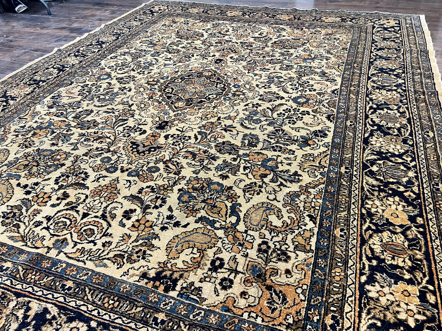 Antique Persian Rug Wool 9x11 Hand Knotted 1920s Hamadan Anjelas Floral Cream Black