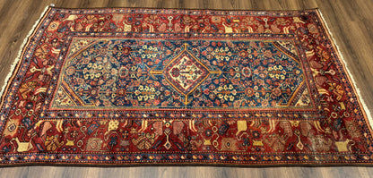 Antique Persian Rug Malayer 4x7 Blue And Red Rare Carpet Vintage Collectible