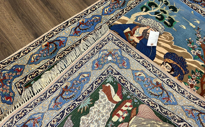 Isfahan Pictorial Rug Fine Persian Hand Knotted Blue Silk Foundation 3.7 x 5 Semi Antique