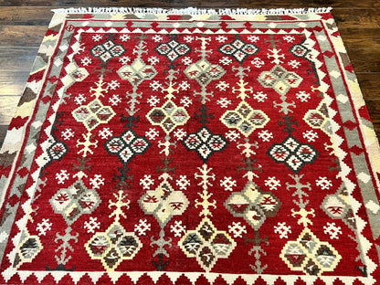 Indian Kilim Rug 6x6 Square Flatweave Wool Carpet Vintage Handmade Red