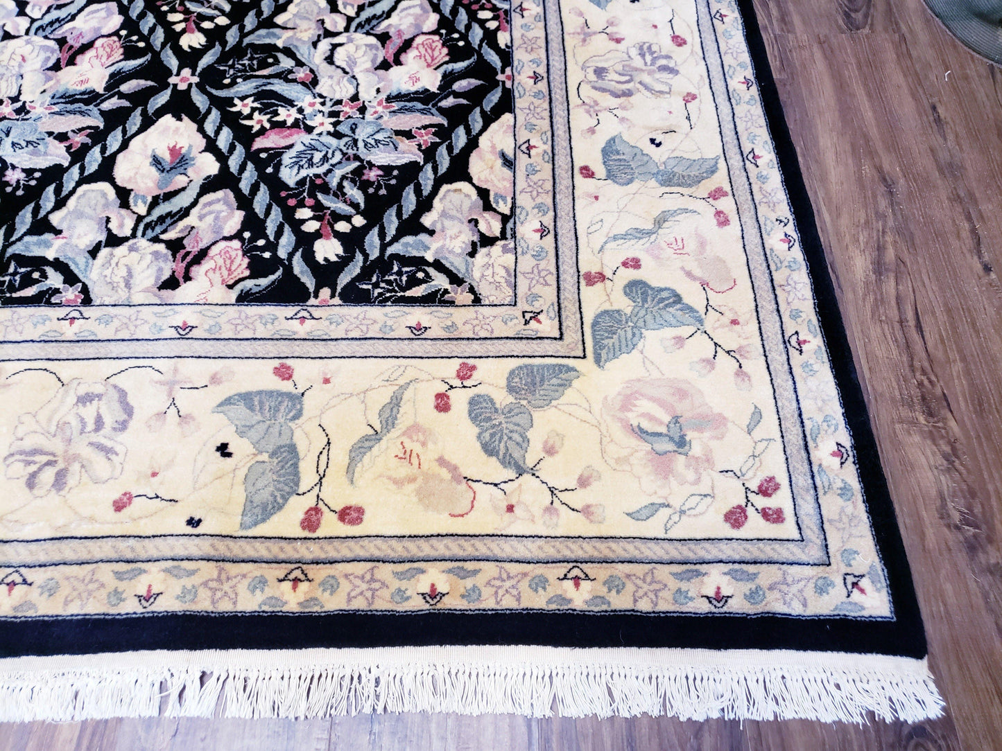 Black Kirman Rug Wool Handmade Floral Oriental Carpet 8x11 Room Size