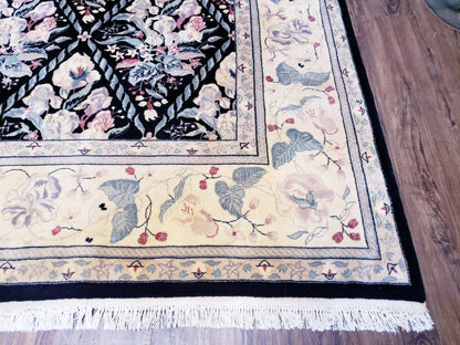 Black Kirman Rug Wool Handmade Floral Oriental Carpet 8x11 Room Size