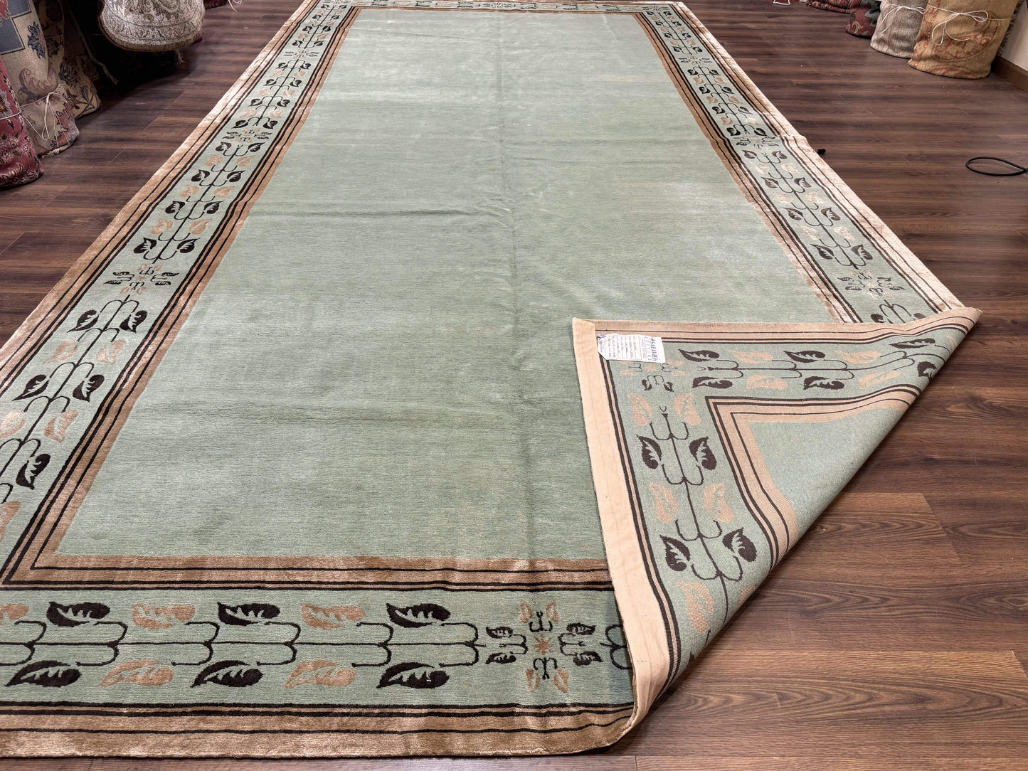Palace Size Nepali Rug 9x18 Light Mint Green Open Field Wool Hand Knotted Modern Contemporary