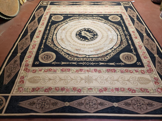 Wool Needlepoint Rug 8x10 Hand Knotted Flat Weave Black Harp Flowers