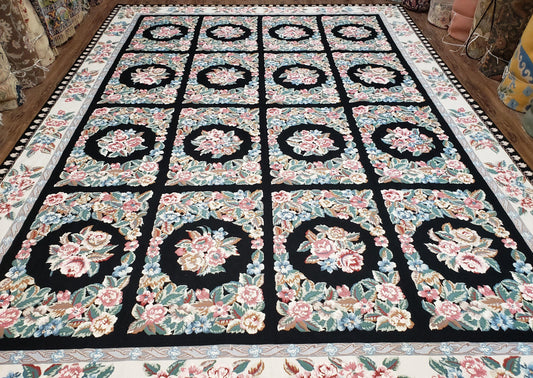 Floral Needlepoint Rug Handwoven Wool Flatweave Aubusson Carpet 9.5 x 13.6 Multicolor Black Ivory