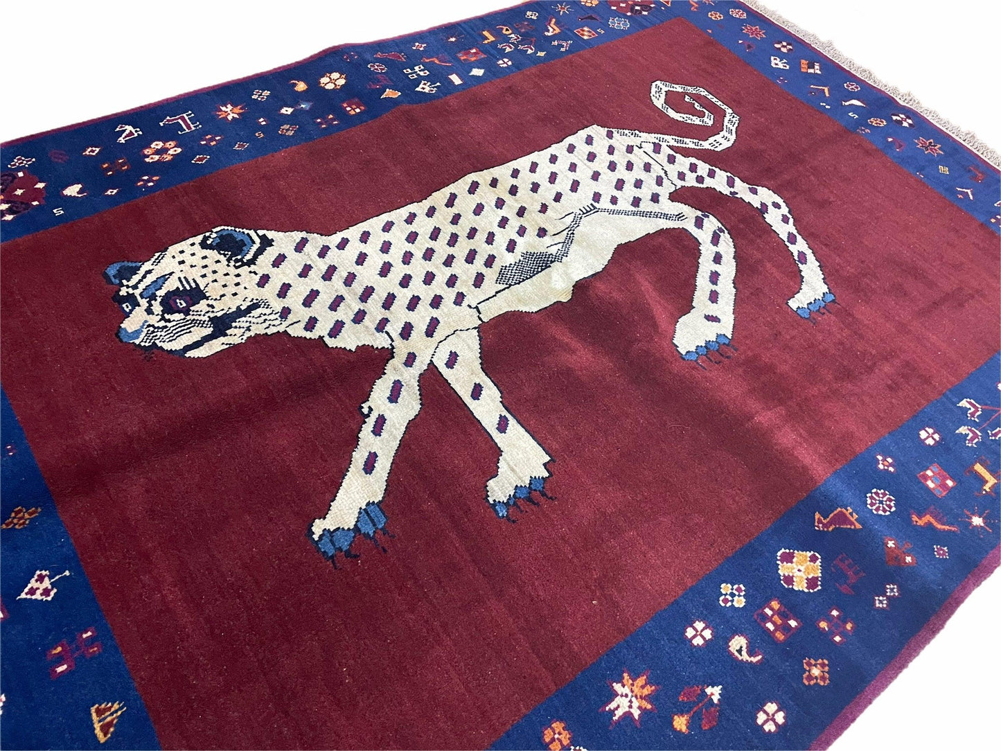 Zagros Wool Rug 5x7 Handmade With Organic Dyes Snow White Panther Maroon Blue