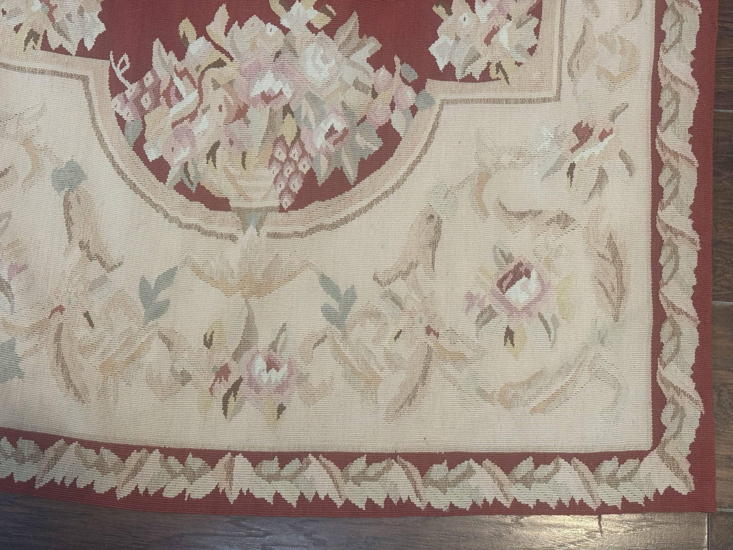 Aubusson Runner Rug 3x10 Handmade Wool European Design in Red and Beige