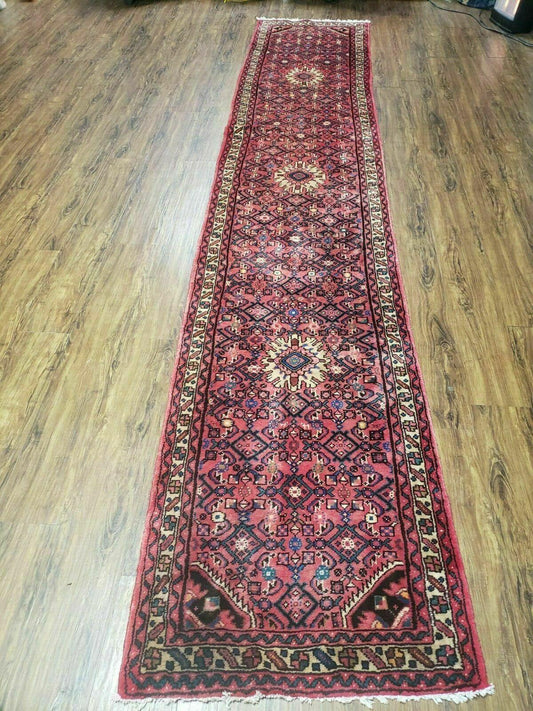 Persian Hamadan Runner Rug 2ft 8in X 13ft 9in Vintage Handmade Wool Red