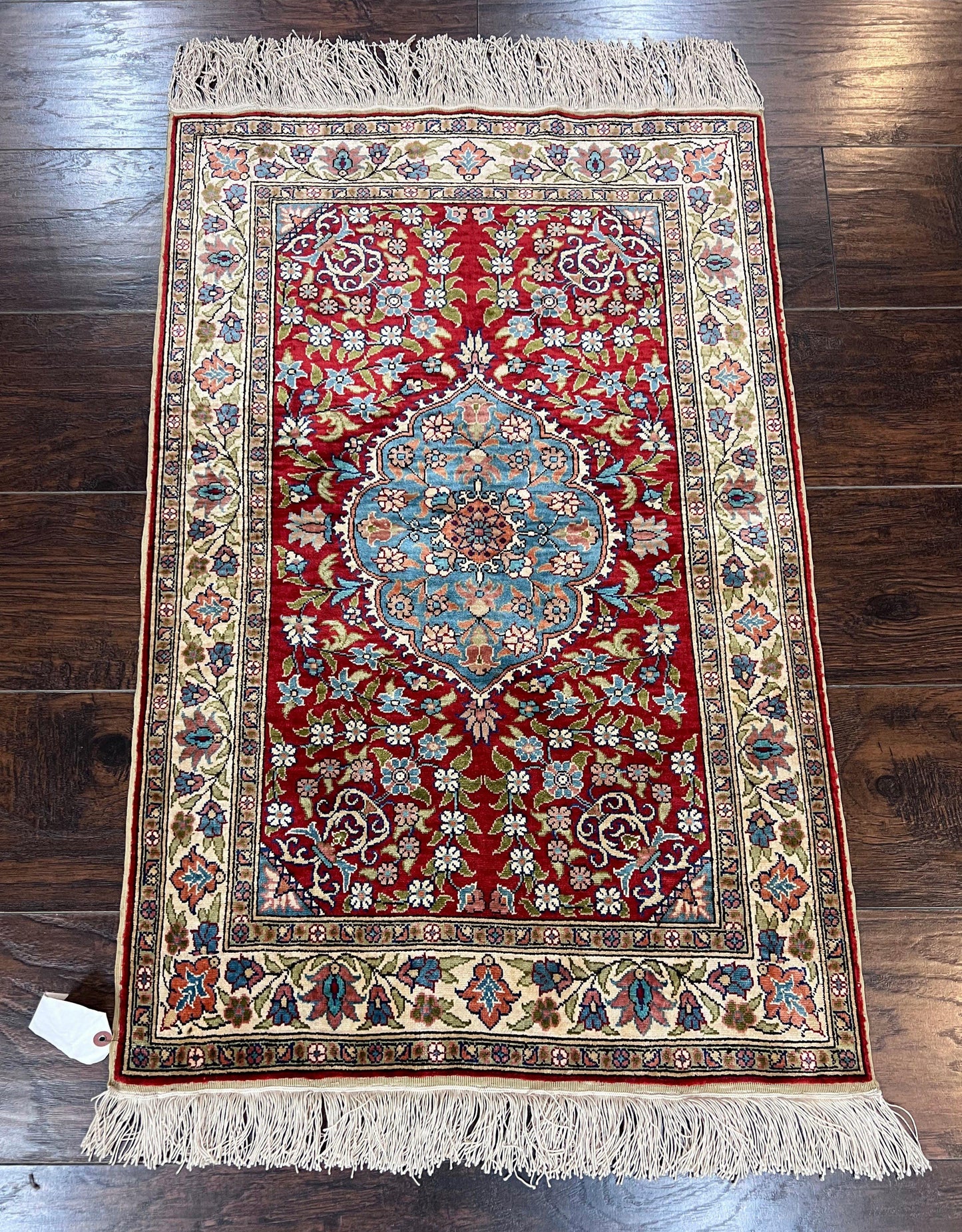 Silk Turkish Kayseri Rug 2x3 Hand Knotted Vintage Red Blue Carpet