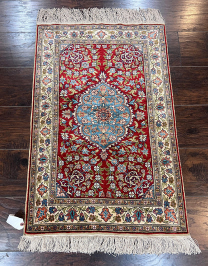 Silk Turkish Kayseri Rug 2x3 Hand Knotted Vintage Red Blue Carpet