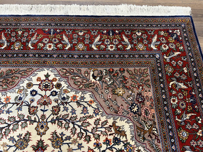 Sino Persian Rug Hand Knotted 7x10 Circle Of Life Tree Of Life Birds Cream Red Navy Blue Taupe Wool Silk Accents Vintage