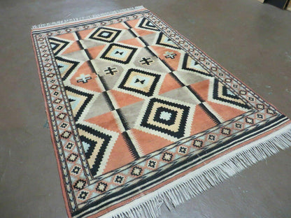 Vintage Turkish Oushak Wool Rug 4x6 Diamond Pattern Handmade Mehrab Red