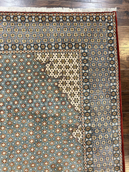 Qum Persian Rug Hand Knotted Wool 8x12 Vintage Star Motifs Blue Ivory