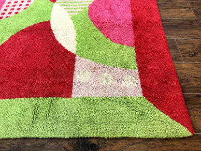 European Shag Rug 4.8 x 4.8 Modern Abstract Loomed Wool Square Rug In Green Pink Red