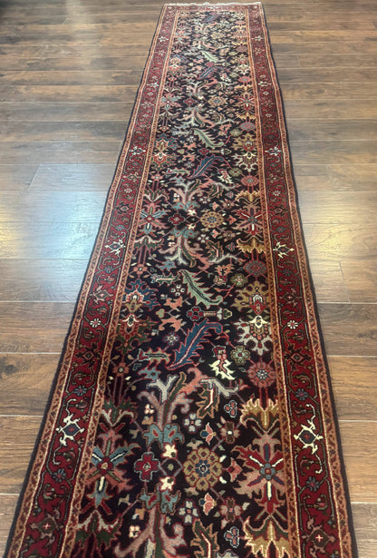 Indo Persian Runner Rug Wool 2.7 X 13 Navy Blue Red Floral Allover