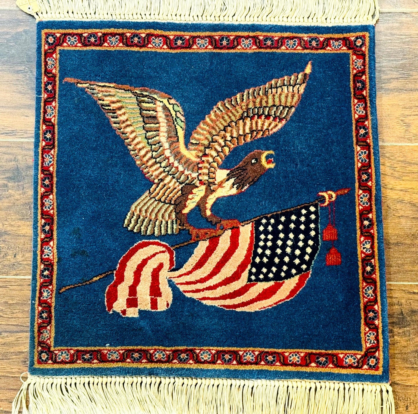American Flag Bald Eagle Pictorial Rug Indo Persian Handmade Wool Hand Knotted