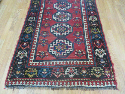 Hand Knotted Caucasian Kazak Wool Runner Rug Antique 1920s Medallion Design