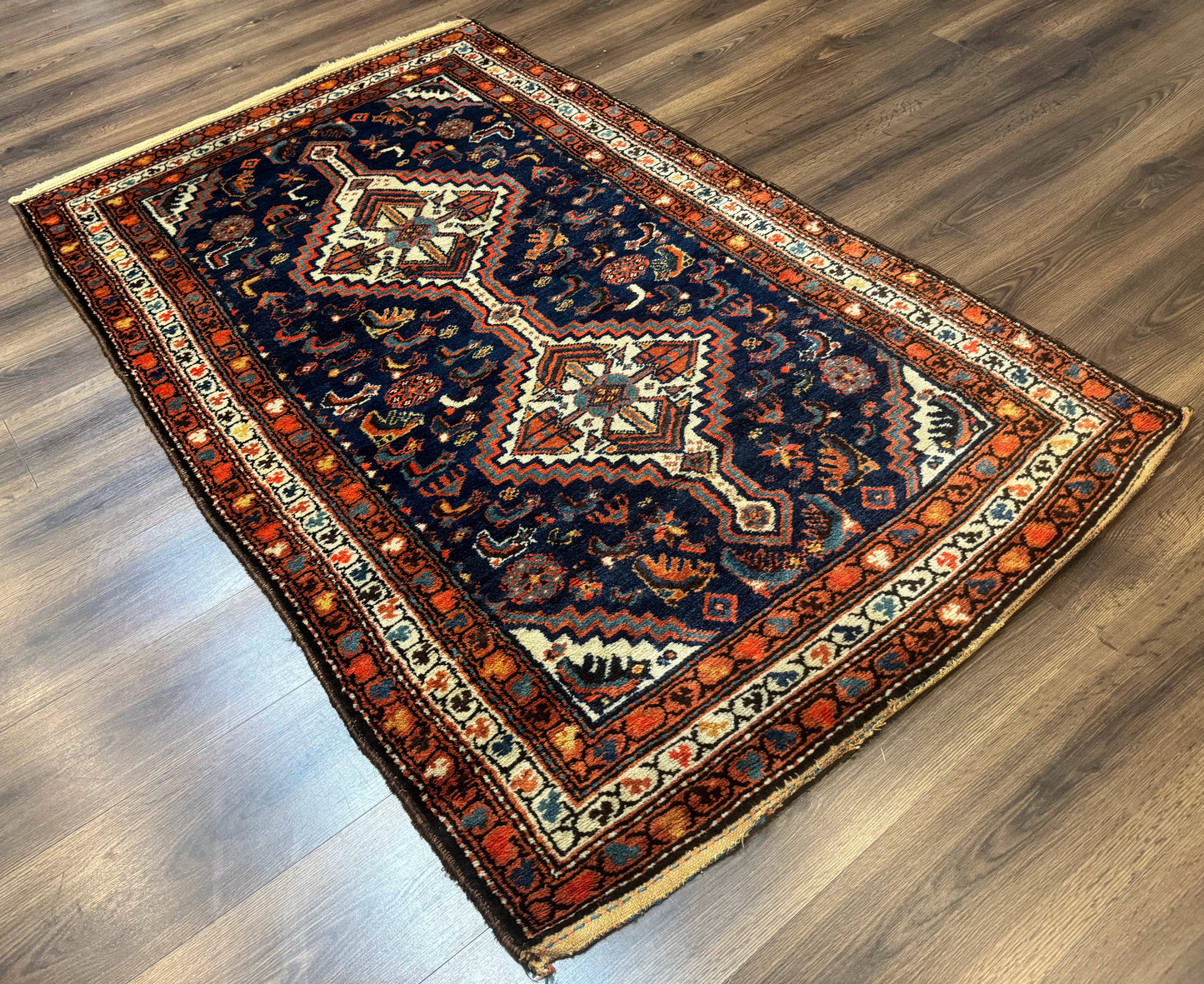 Persian Hamadan Rug 4x6 Antique Navy Blue Geometric Double Medallions Tribal Carpet