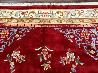 Indo Chinese Wool Rug 9x12 Vintage Red Art Deco Hand Knotted