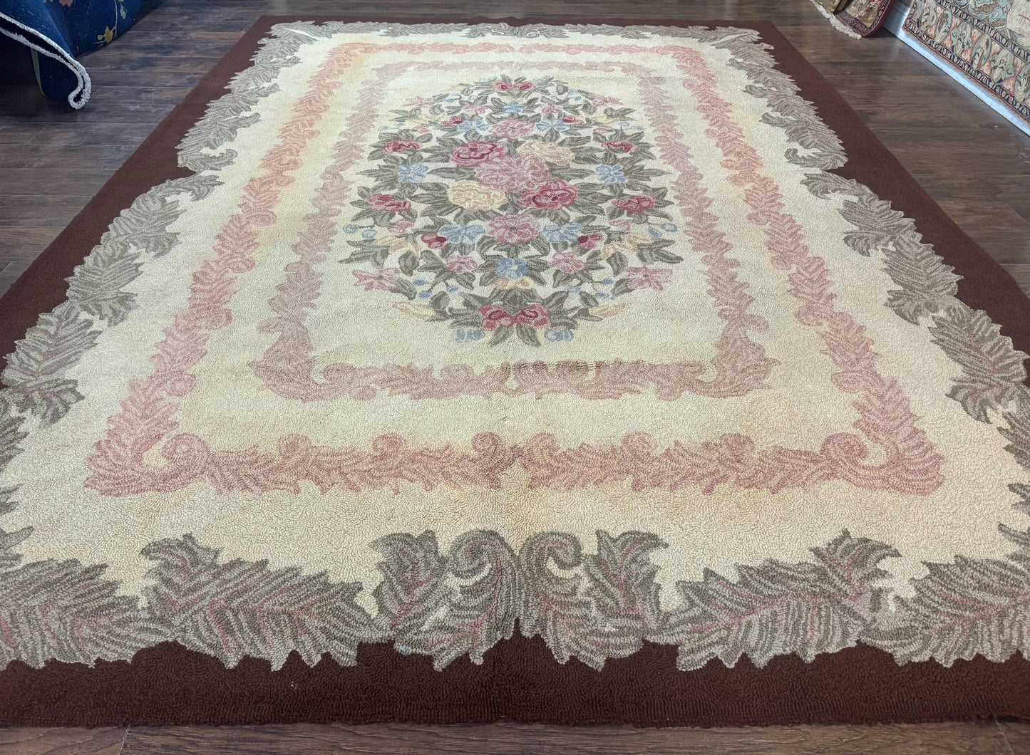 American Hand Hooked Rug 9x12 Vintage Aubusson Wool Carpet