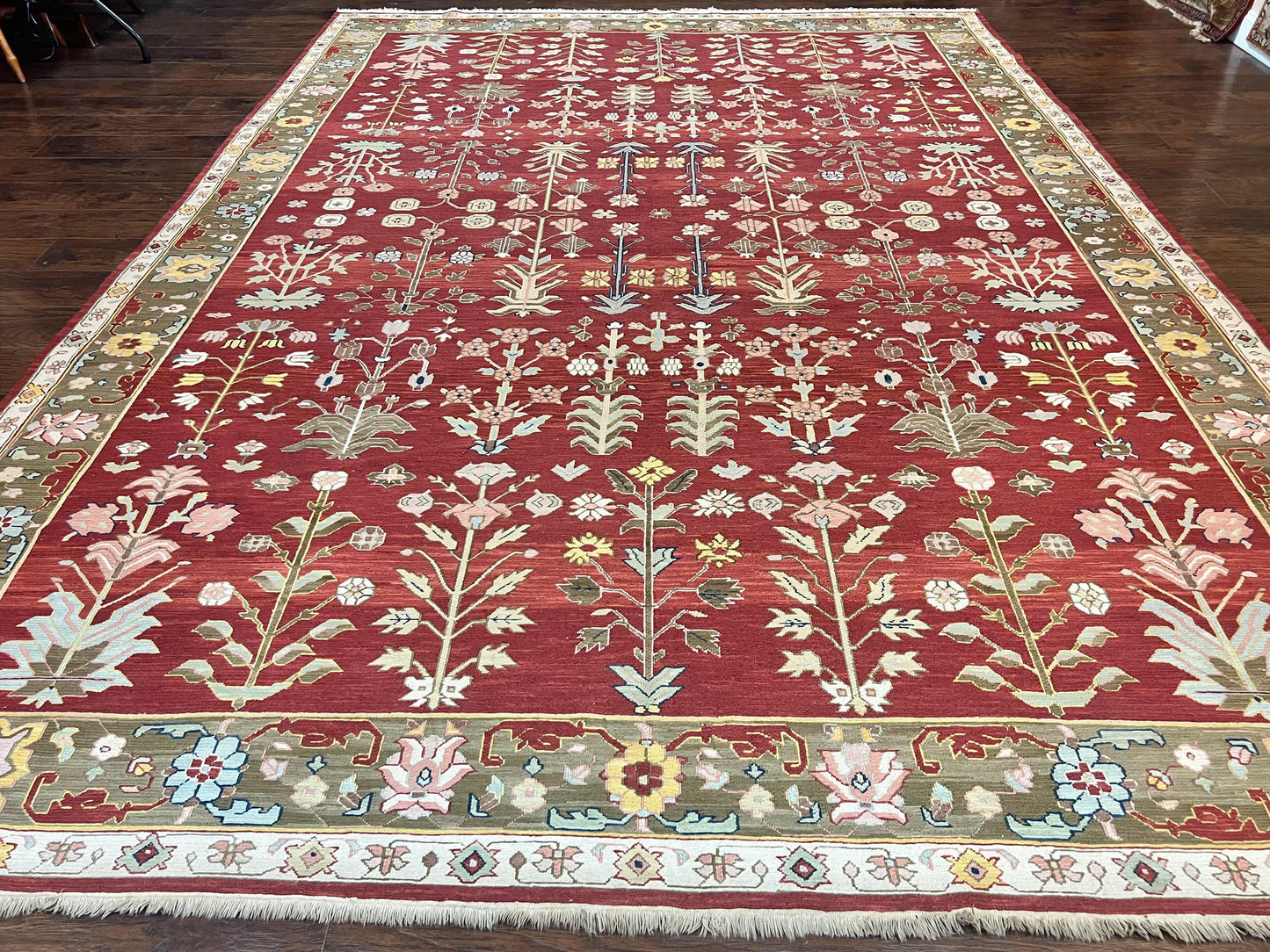 Wool Hand Knotted Indian Rug 10x14 Tree of Life Red Green Contemporary Carpet