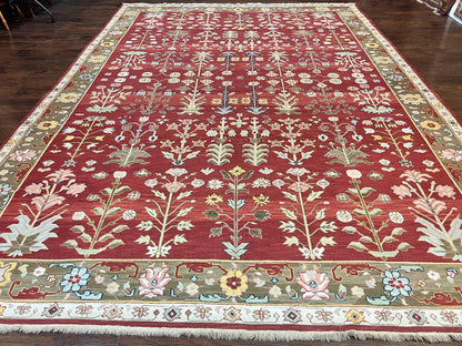 Wool Hand Knotted Indian Rug 10x14 Tree of Life Red Green Contemporary Carpet