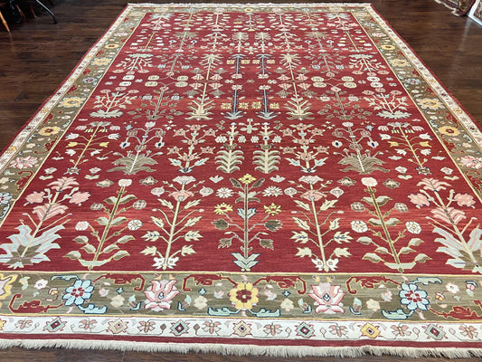 Wool Hand Knotted Indian Rug 10x14 Tree of Life Red Green Contemporary Carpet