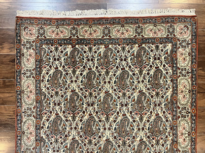 Persian Qum Rug 5x6 Cream Wool Hand Knotted Carpet With Repeated Boteh Paisley Design Semi Antique Vintage