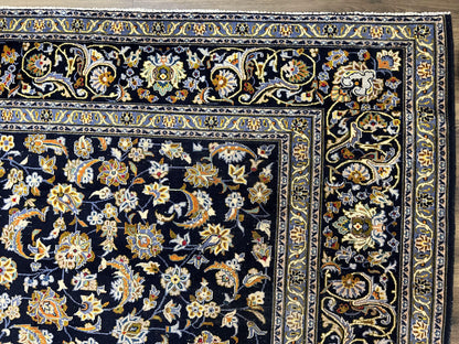 Navy Blue Persian Kashan Rug 11x13 Hand Knotted Wool Antique Carpet Signed Rabani