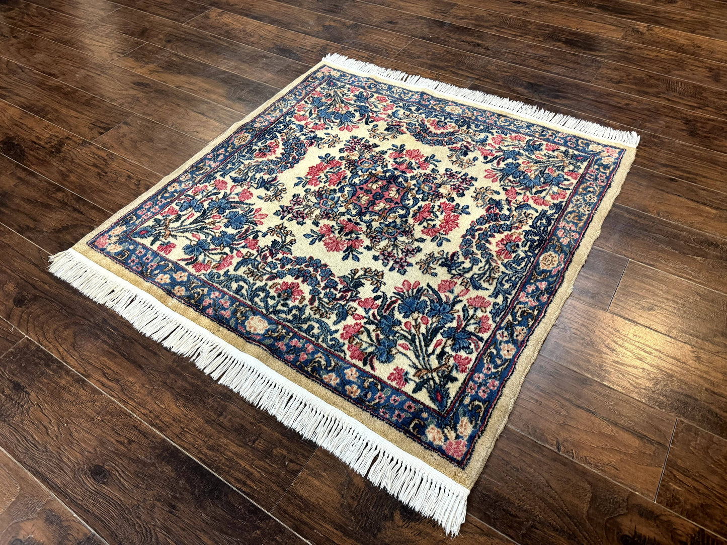 Persian Kerman Rug 4x4 Square Ivory Blue Pink Handmade 225 KPSI