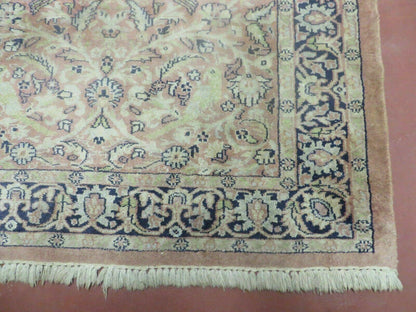 Kashmiri Silk Rug 4x6 Vintage Hand Knotted Floral Bird Motifs In Pink And Navy