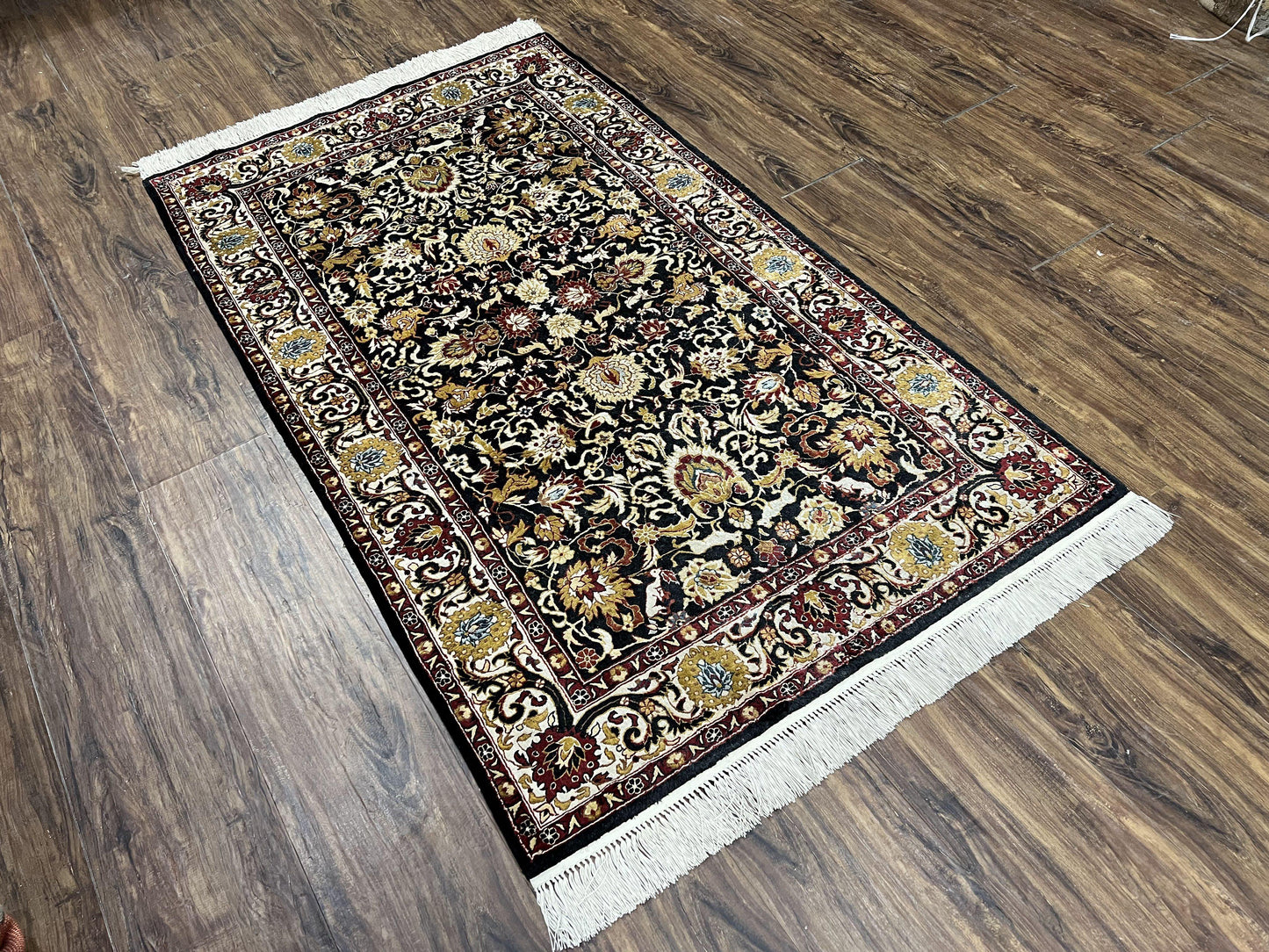 Sino Persian Silk Rug 3x5 Vintage Hand Knotted Carpet Black Ivory Gold With Floral And Animal Motifs