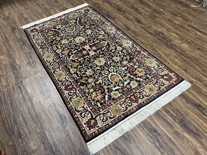 Sino Persian Silk Rug 3x5 Vintage Hand Knotted Carpet Black Ivory Gold With Floral And Animal Motifs
