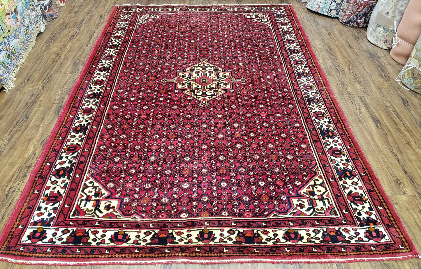 Vintage Persian Hamedan Rug 7x10 Hand Knotted Wool Mahi Pattern Red