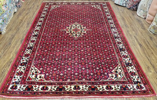 Vintage Persian Hamedan Rug 7x10 Hand Knotted Wool Mahi Pattern Red